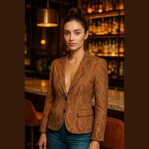 Haggar Brown Neutrals Paisley Jacket Blazer Tapestry Weave Lined Two Button